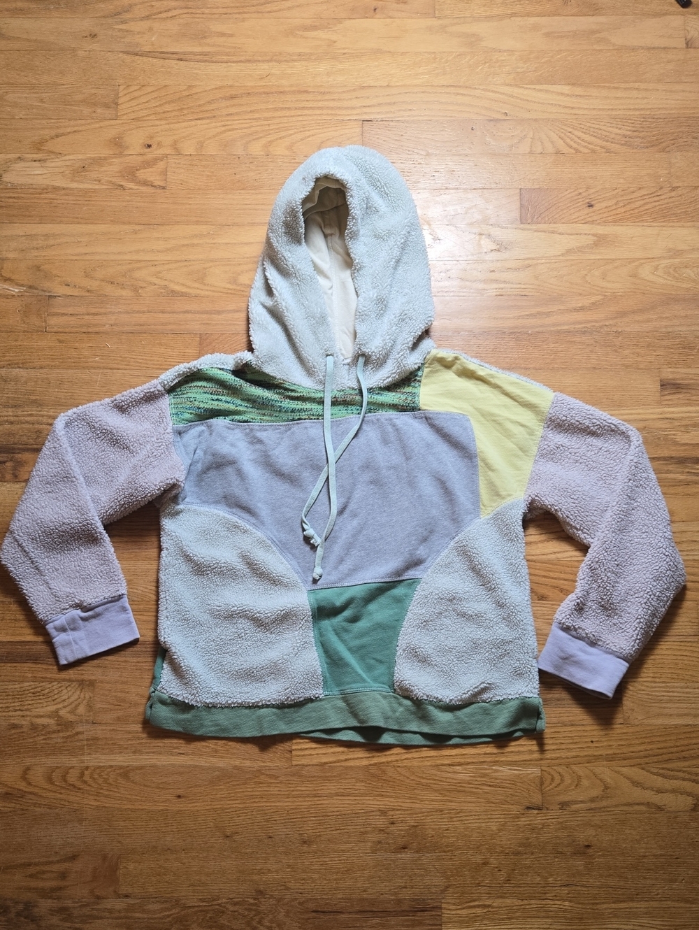 Anthropologie Daily Practice cozy pieced patchwork sherpa pullover hoodie